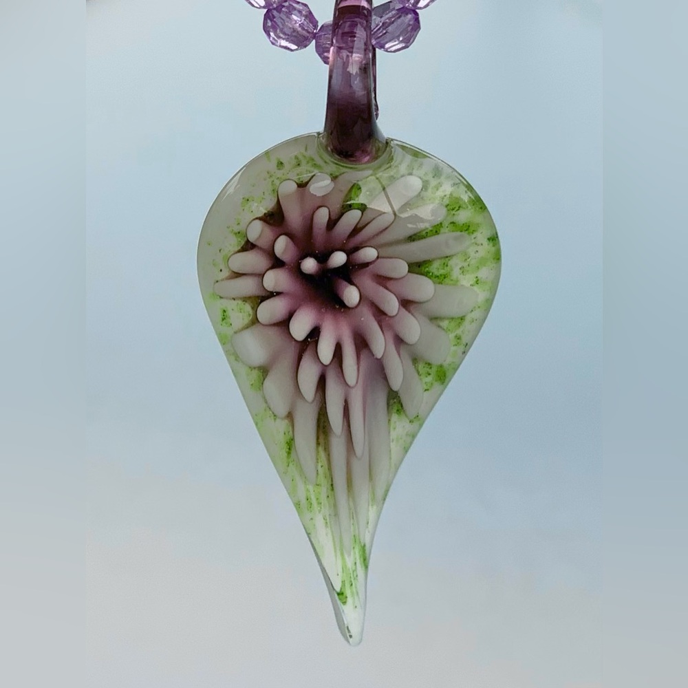 Lavender and Green Floral Hand-Blown Studio Art Glass Implosion Necklace - Picture 1 of 5